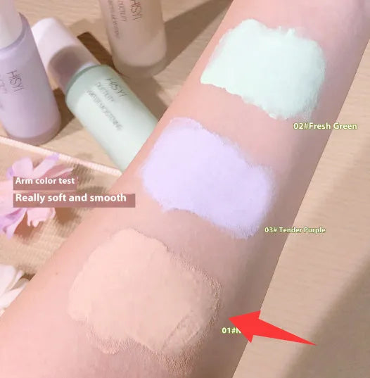 HISYI Silky Clear Makeup Primer tube or bottle showing three colour options 01, 02, 03 for brightening skin