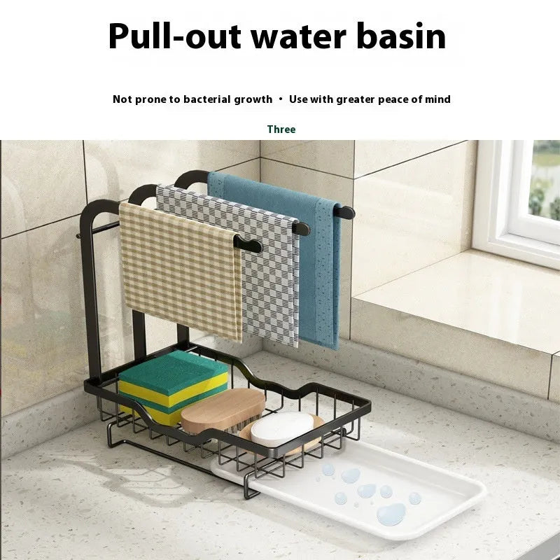 Foldable kitchen storage rack for draining rags with wall or tabletop mounting options