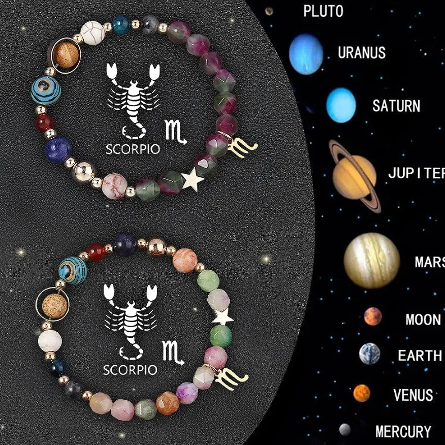 Twelve Zodiac Sign natural stone beaded bracelets showing adjustable designs for astrology jewellery