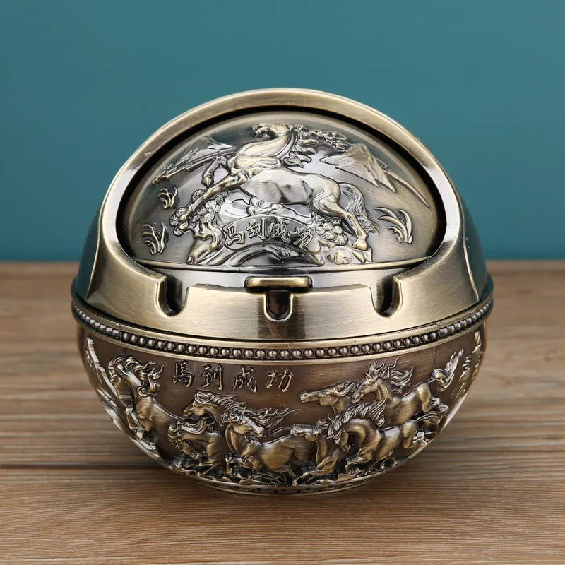 Alloy ashtray with smoke extinguishing slot in bronze finish featuring decorative dragon and phoenix design
