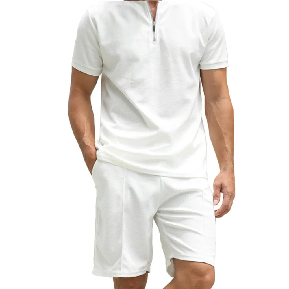 Men's solid colour polo shirt and trousers two-piece suit set in beaded bird's eye polyester fabric