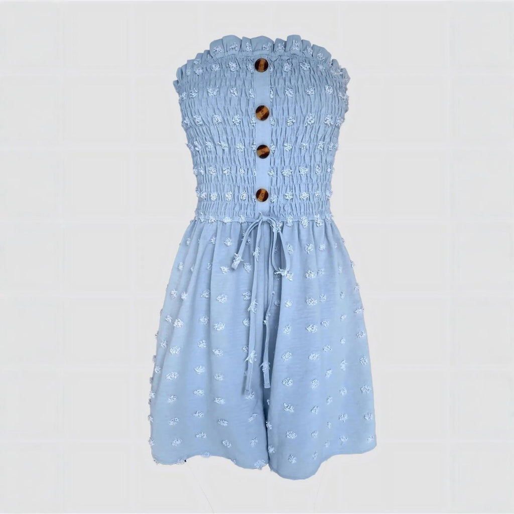 Blue women's off-shoulder sleeveless jumpsuit with button detail on mannequin