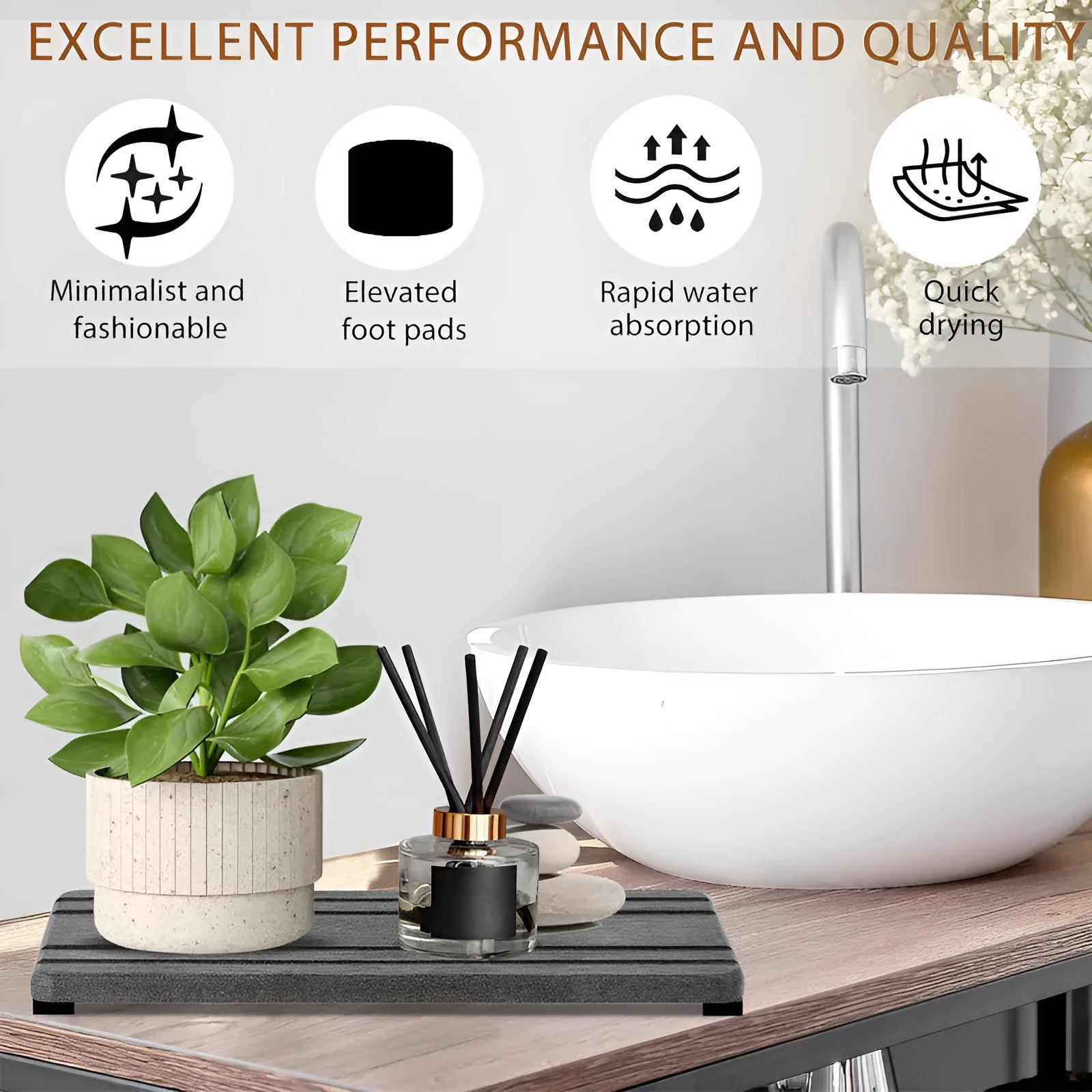 Three square diatomite bathroom draining pads in solid colours on a countertop