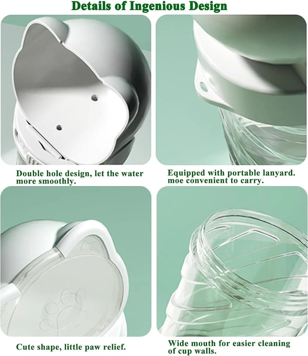Green 3-in-1 portable pet water bottle with food container and waste bag dispenser attached to a strap.