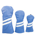 PU golf club head cover sleeve with two diagonal stripes for wood clubs, shown in multiple colours and sizes.