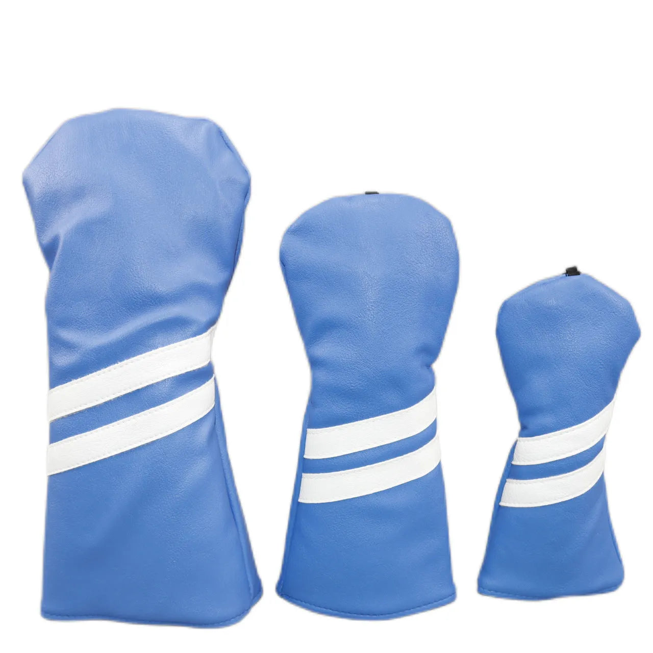 PU golf club head cover sleeve with two diagonal stripes for wood clubs, shown in multiple colours and sizes.