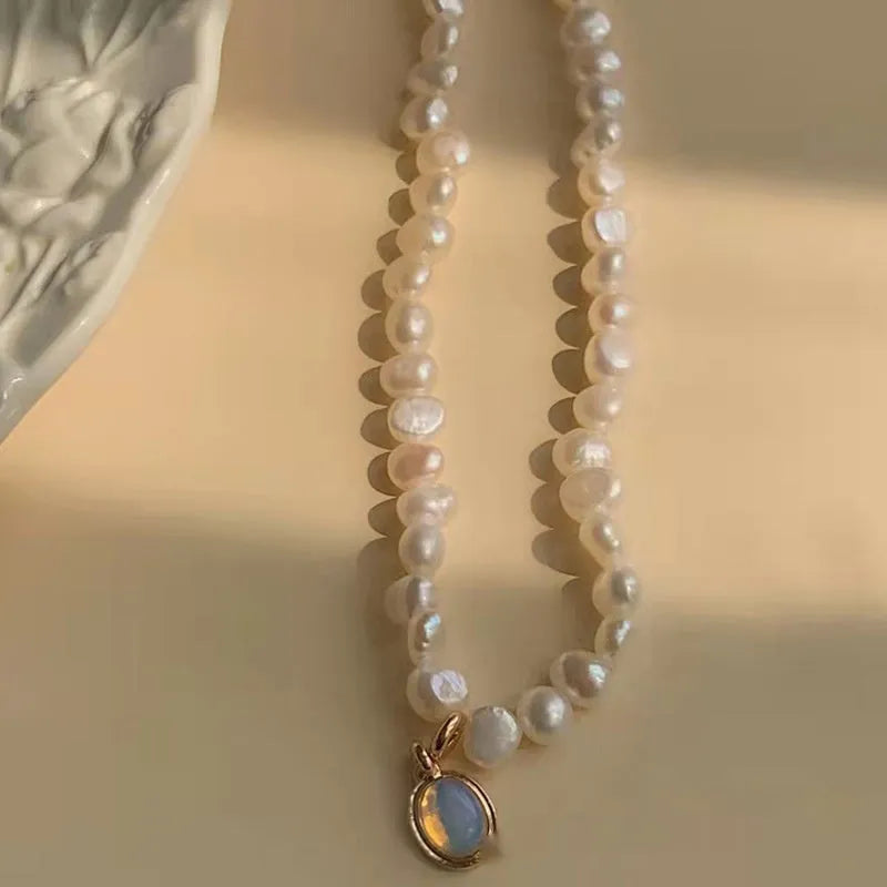 French Court vintage geometry pearl necklace with adjustable perimeter on display
