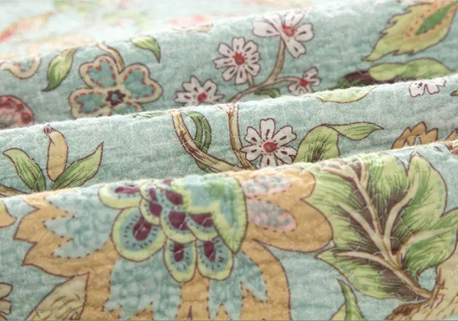Blue American floral and bird pattern cotton bedspread quilt set with three pieces