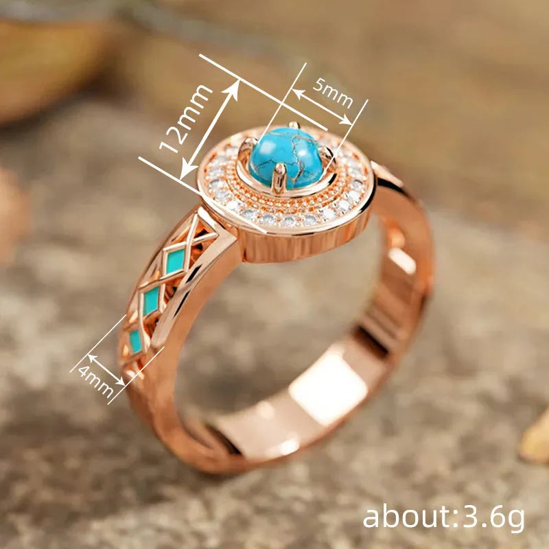 Women's geometric copper ring with turquoise ethnic style oil micro inlaid zircon treatment in rose gold colour