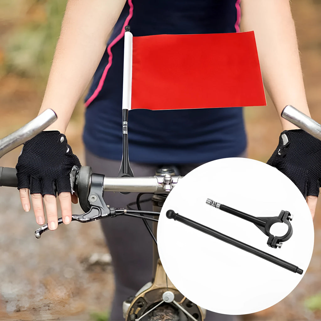Cycling flag with square polyester fabric on plastic handlebar pole for bicycle mounting