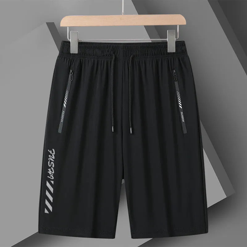 Men's black quick-drying nylon sports shorts with loose fit and elastic waistband