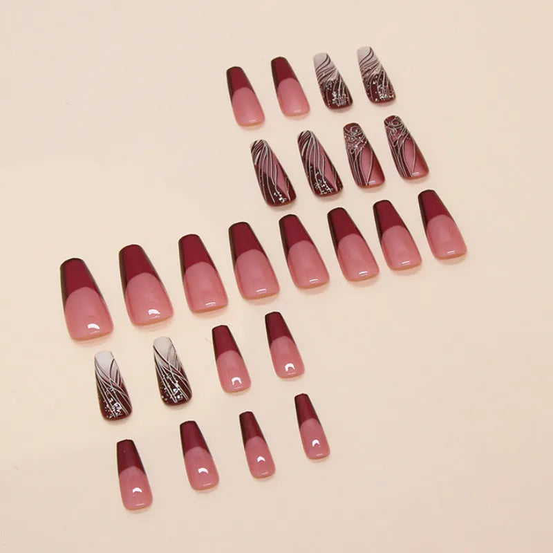 Set of 24 French line pattern press on artificial nails and one tube of glue.