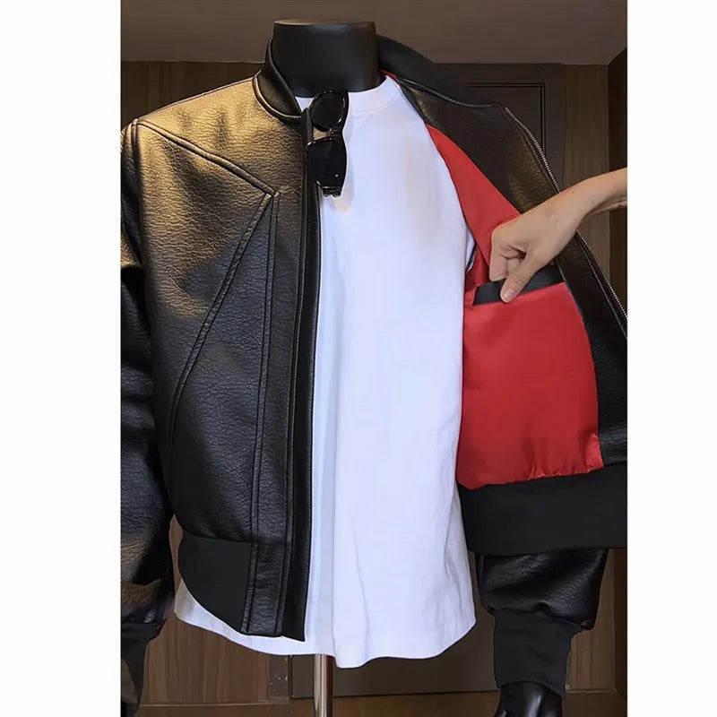 Men's black PU leather litchi grain jacket with extended length and tight-fit business casual style