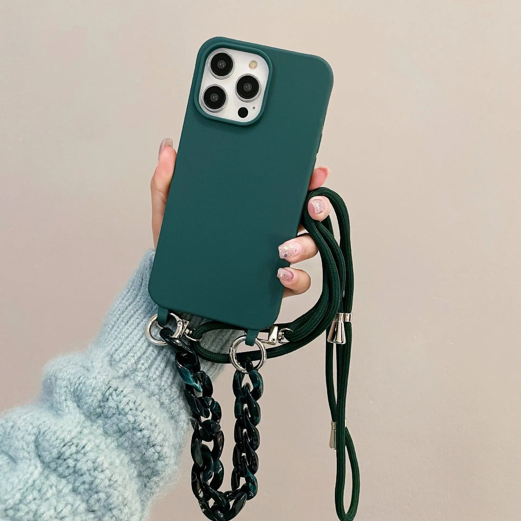 Candy colour chain lanyard soft TPU phone case with frosted finish for iPhone 15 and 16 series