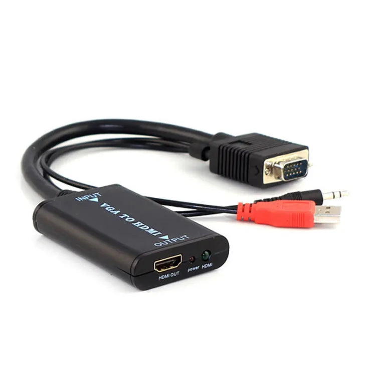 Black VGA to HDMI converter with USB power cable and audio port for 1080p video conversion