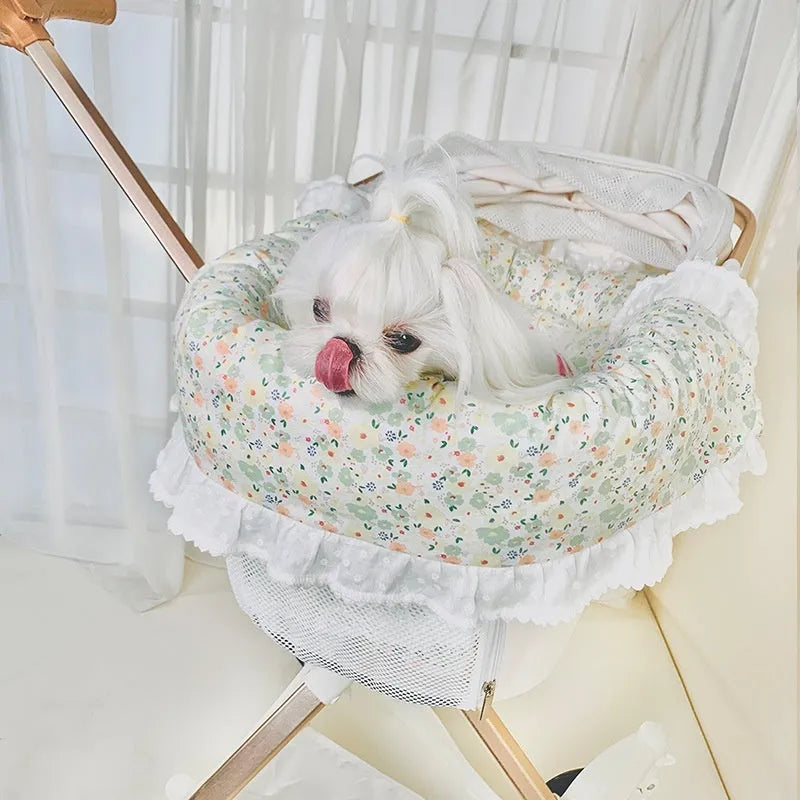 Pure cotton pet stroller accessory set with anti-dirty towel, cushion and pillow in blue green apple pattern