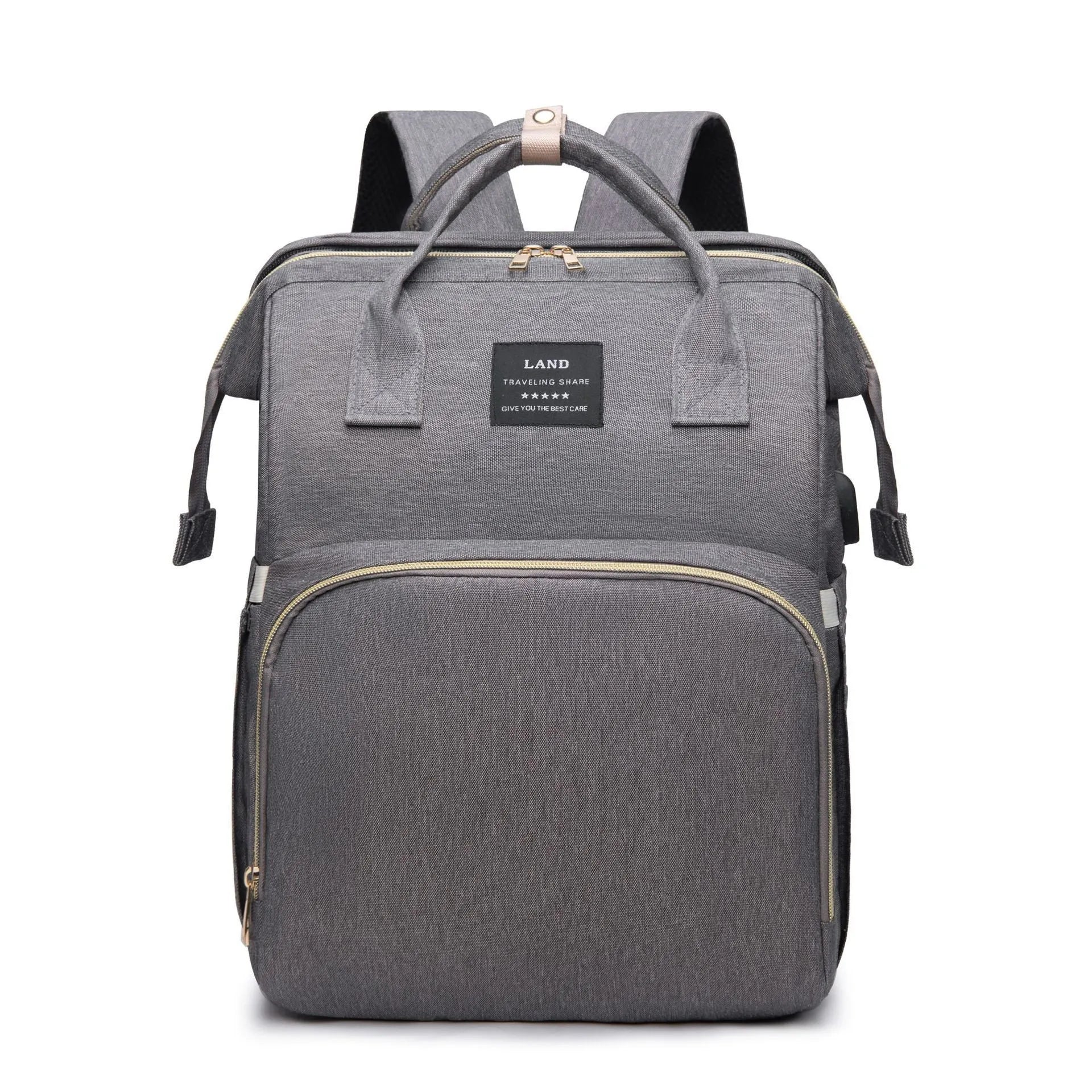 Large capacity insulated baby crib backpack in pink grey with double shoulder straps and outer pocket on white background