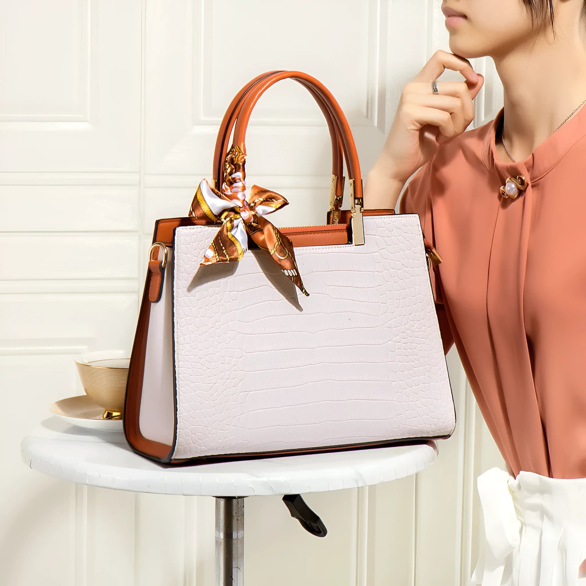 Milky white women's PU shoulder handbag with horizontal square shape and multiple internal compartments