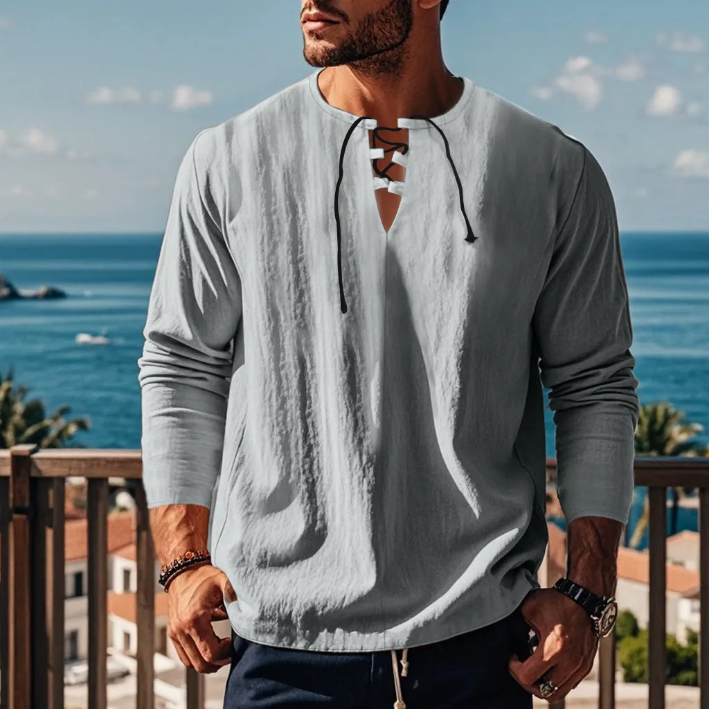 Solid colour cotton linen beach ruff shirt loose pullover style