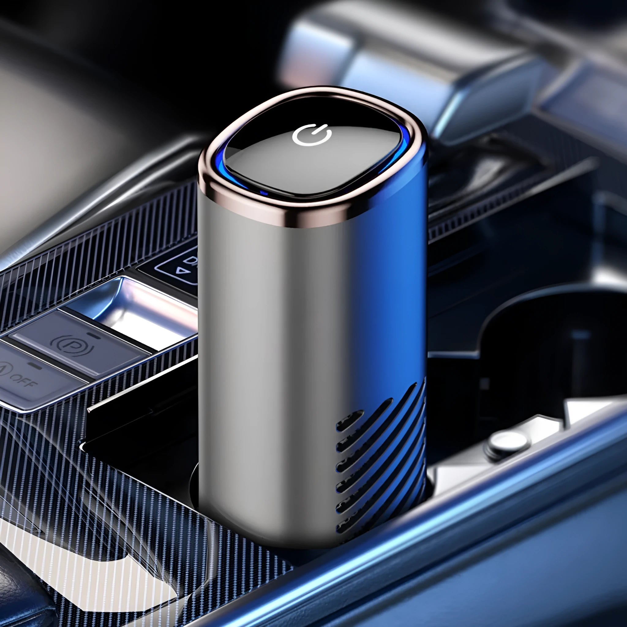 Mini portable car air purifier with anion technology, USB power, in silver, placed on a car dashboard for odour and smoke removal