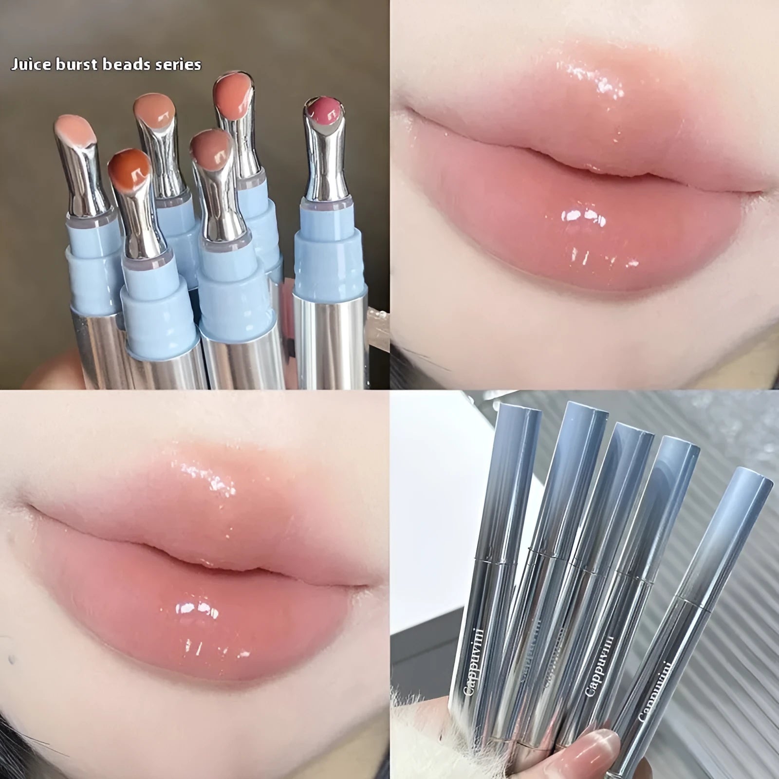 Mirror Water Light Fashion Lipstick in six ice-shade colours including Almond Ice and Raspberry Ice.