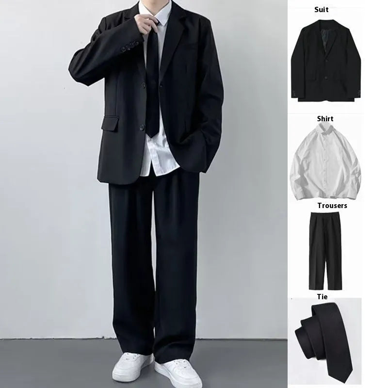 Plus size men's college style loose fit suit set with trousers, white shirt, and red tie