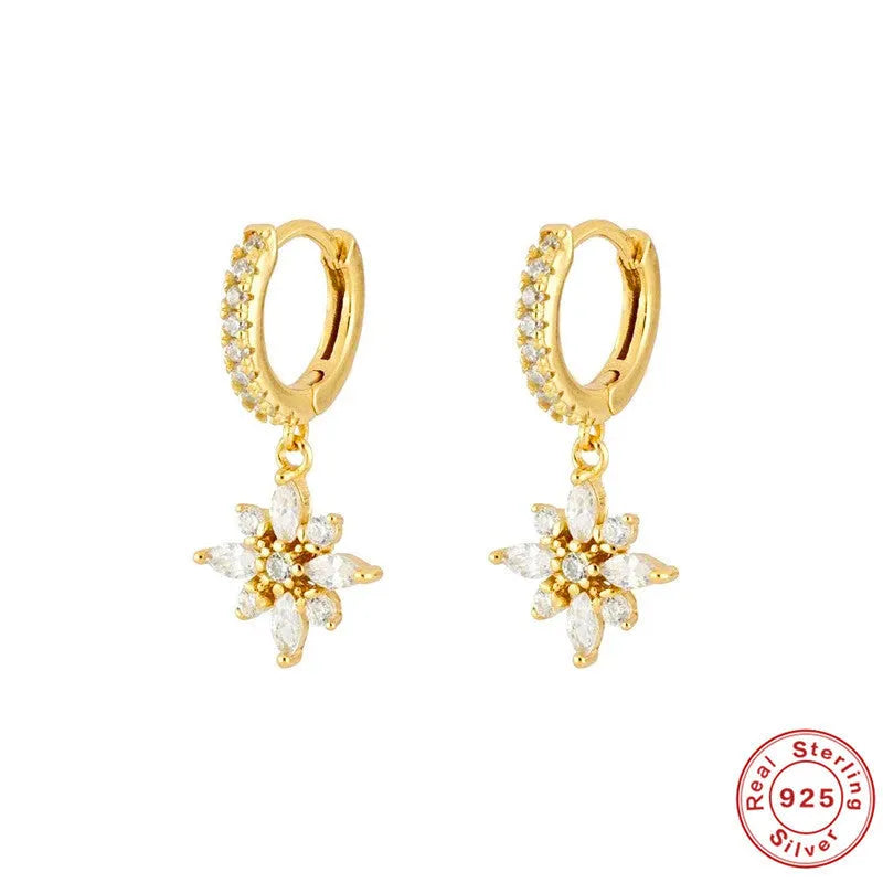 Sterling silver snowflake pendant earrings with geometric design in white gold or yellow gold colour