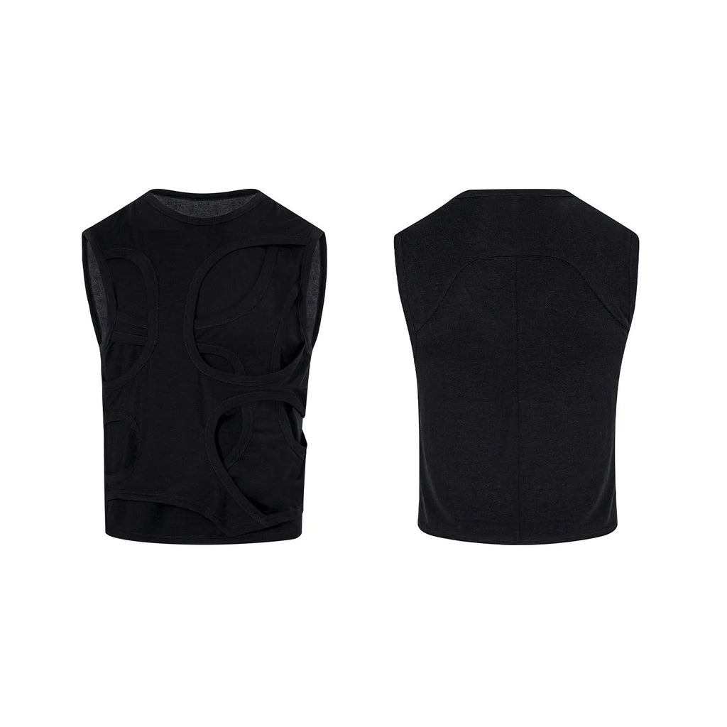 Men's solid black Lyocell tank top with round neck on a hanger.
