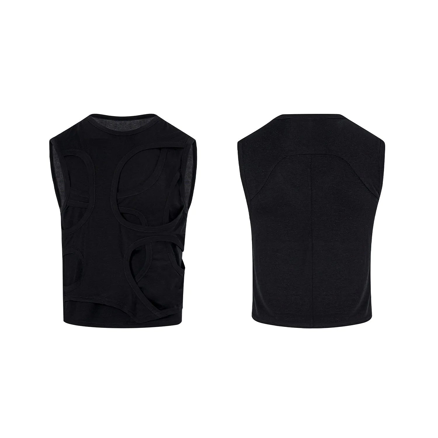 Men's solid black Lyocell tank top with round neck on a hanger.