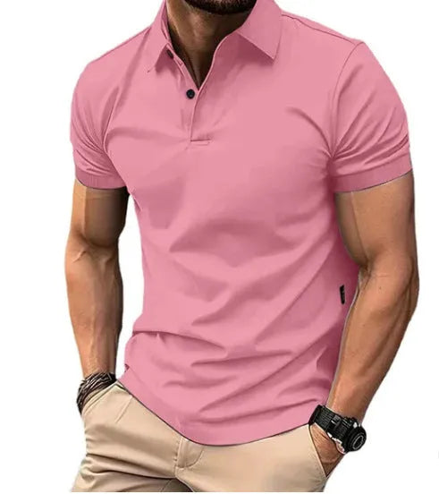 Men's slim fit solid colour short sleeve button-up shirt on a hanger
