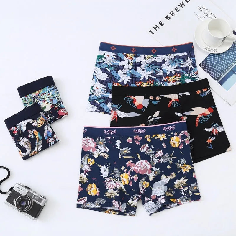 Men's breathable cotton boxer briefs with floral pattern and U-shaped design, shown in size 3XL to 10XL.