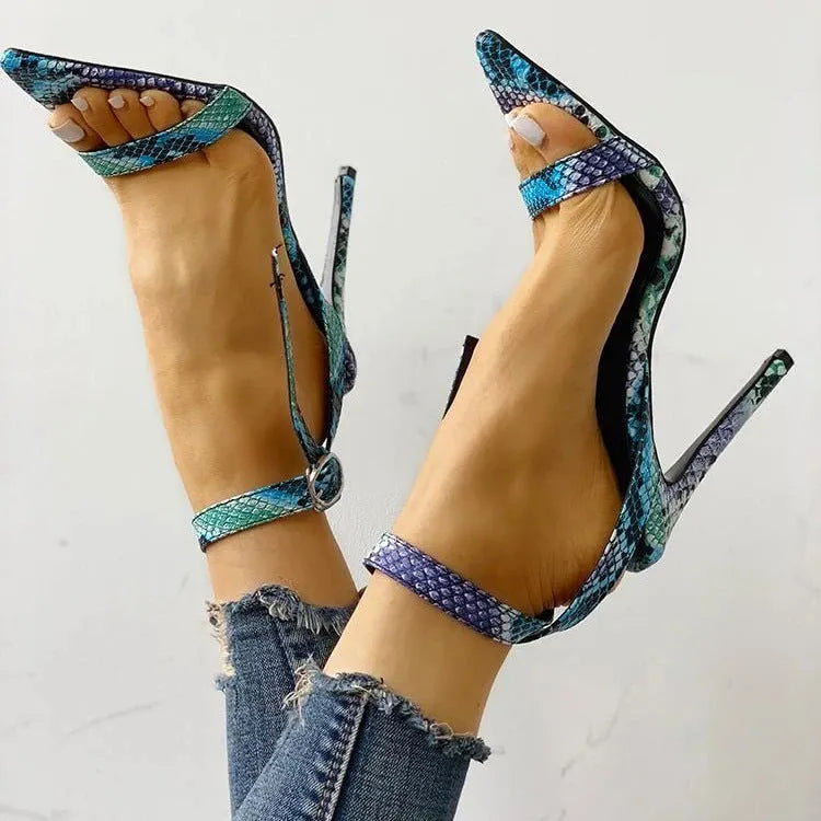 Blue women's high heels with hollow out design and buckle fastening, synthetic PU upper