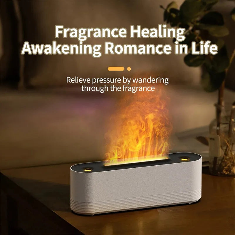 Black ultrasonic humidifier diffuser with coloured flame LED light and mist spray