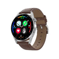 Black smart watch with Bluetooth calling and QR code scan function on a leather strap