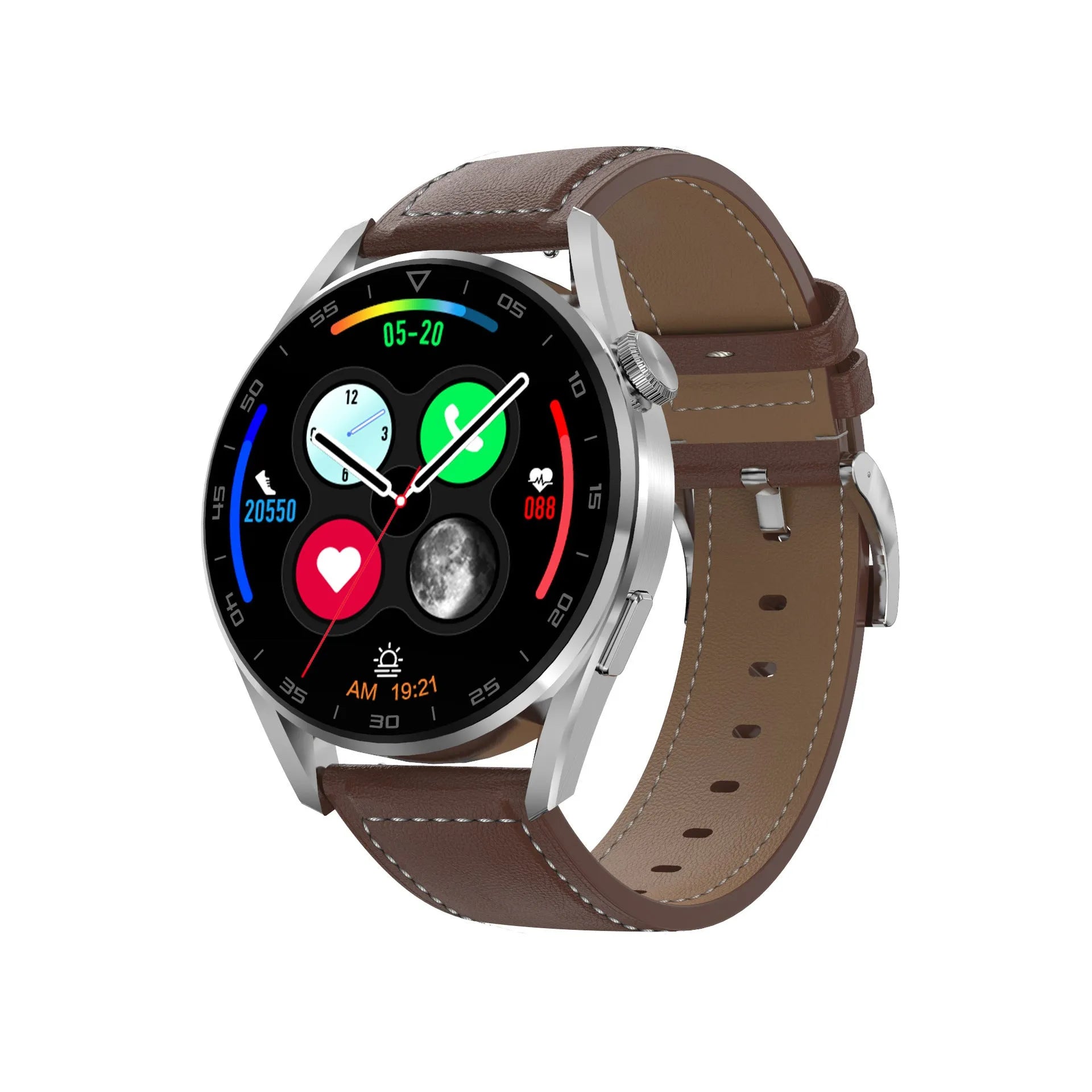 Black smart watch with Bluetooth calling and QR code scan function on a leather strap