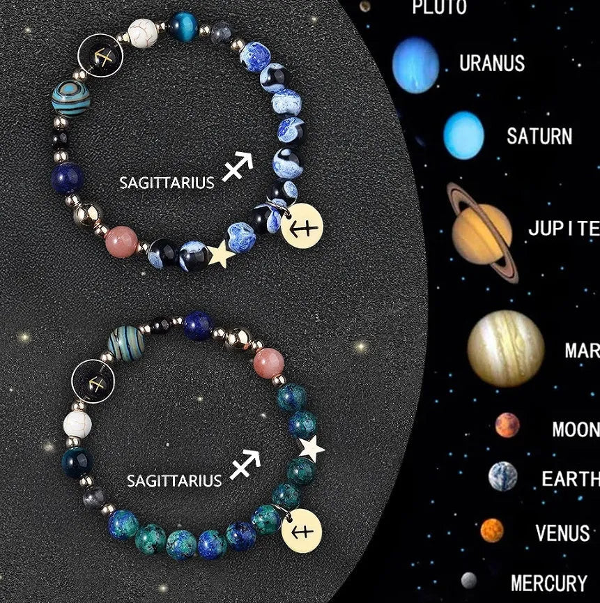Twelve zodiac sign bracelets with natural stone beads on elastic string showing different astrological designs