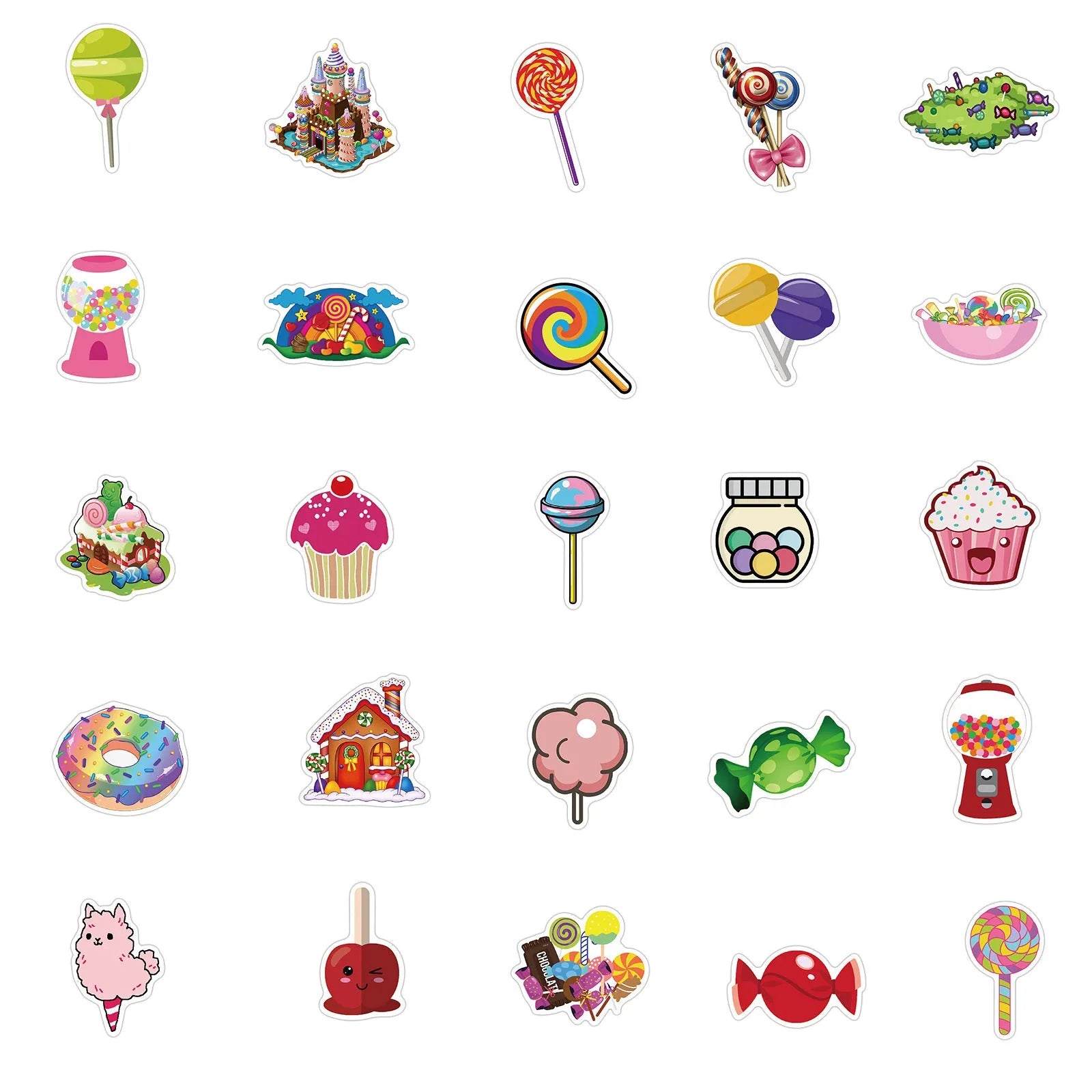 Assortment of colourful candy graffiti and cartoon stickers from a 50-piece pack on a white background.