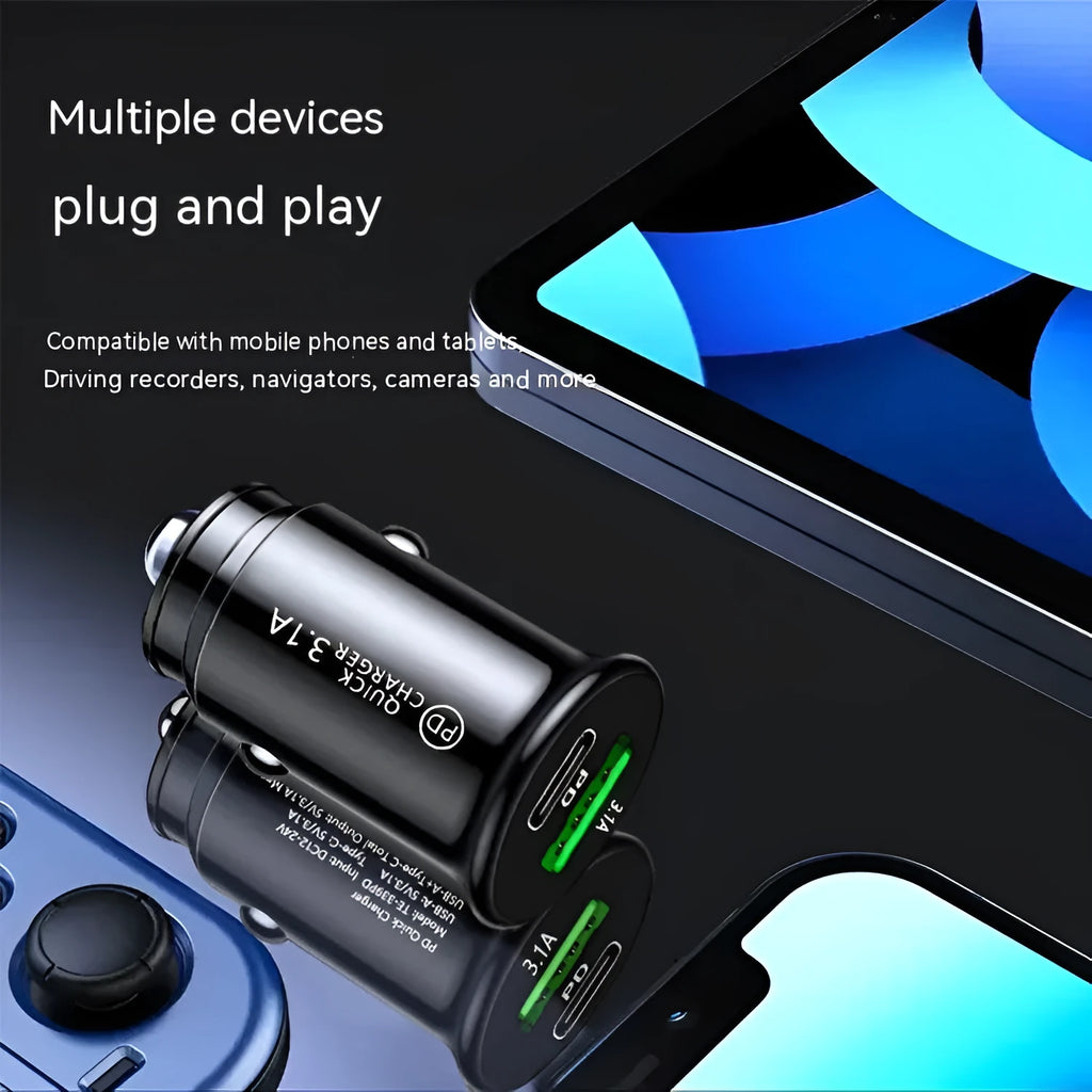 Dual port car charger converter with bare metal finish in black and white colors