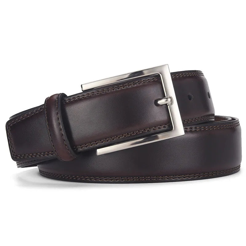 Men's genuine leather pin buckle belt in brown, showing the alloy buckle and belt length.