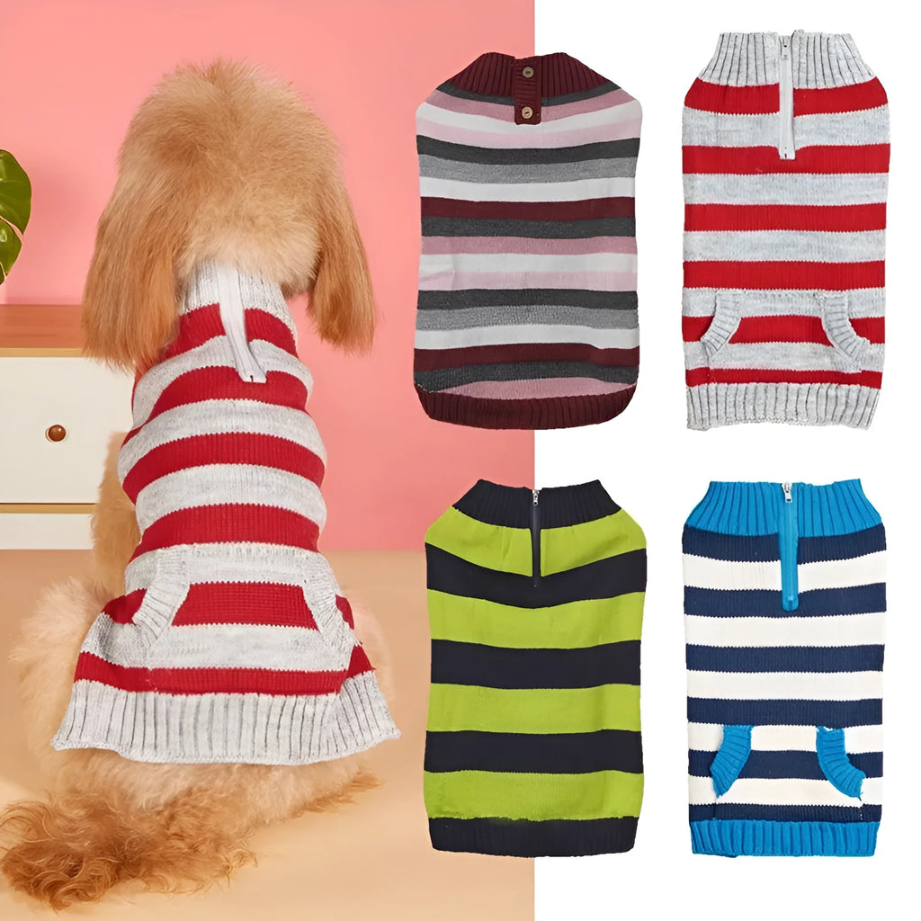 Grey dog sweater with blue horizontal zipper and button pocket on small breed dog