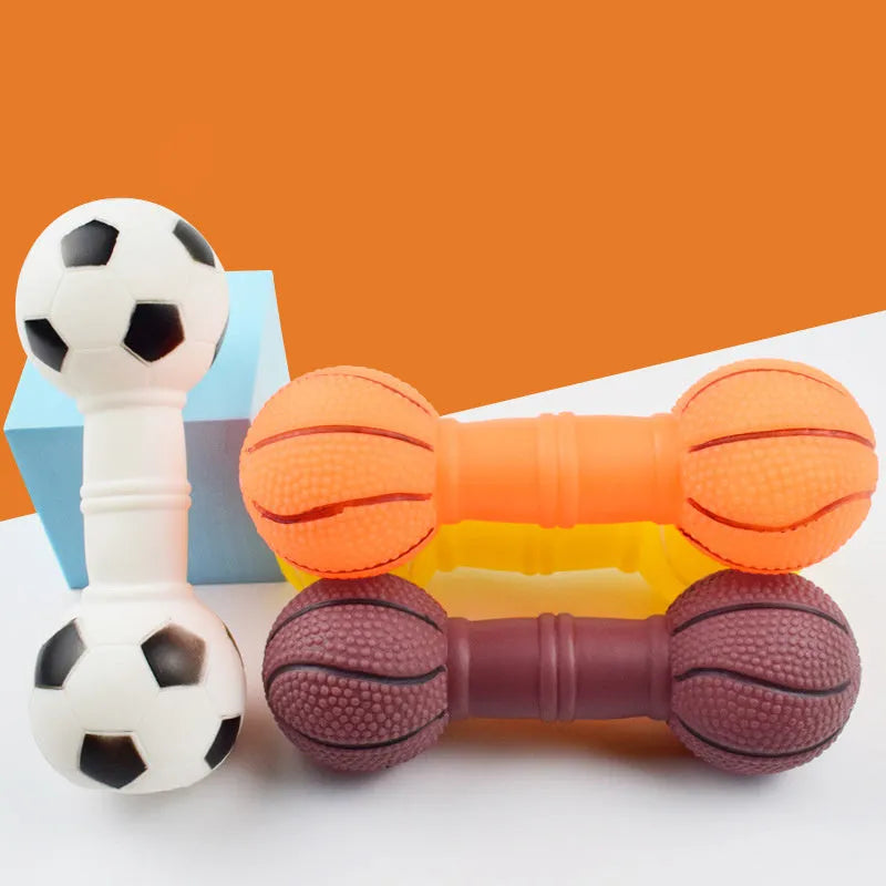 Brown football dumbbell shaped dog squeaky chew toy on white background