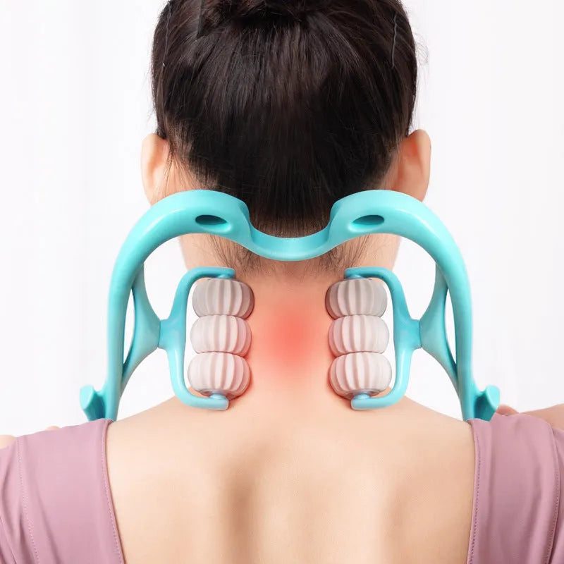 Blue plastic handheld massager with six rotating wheels for neck, shoulder and back relief.