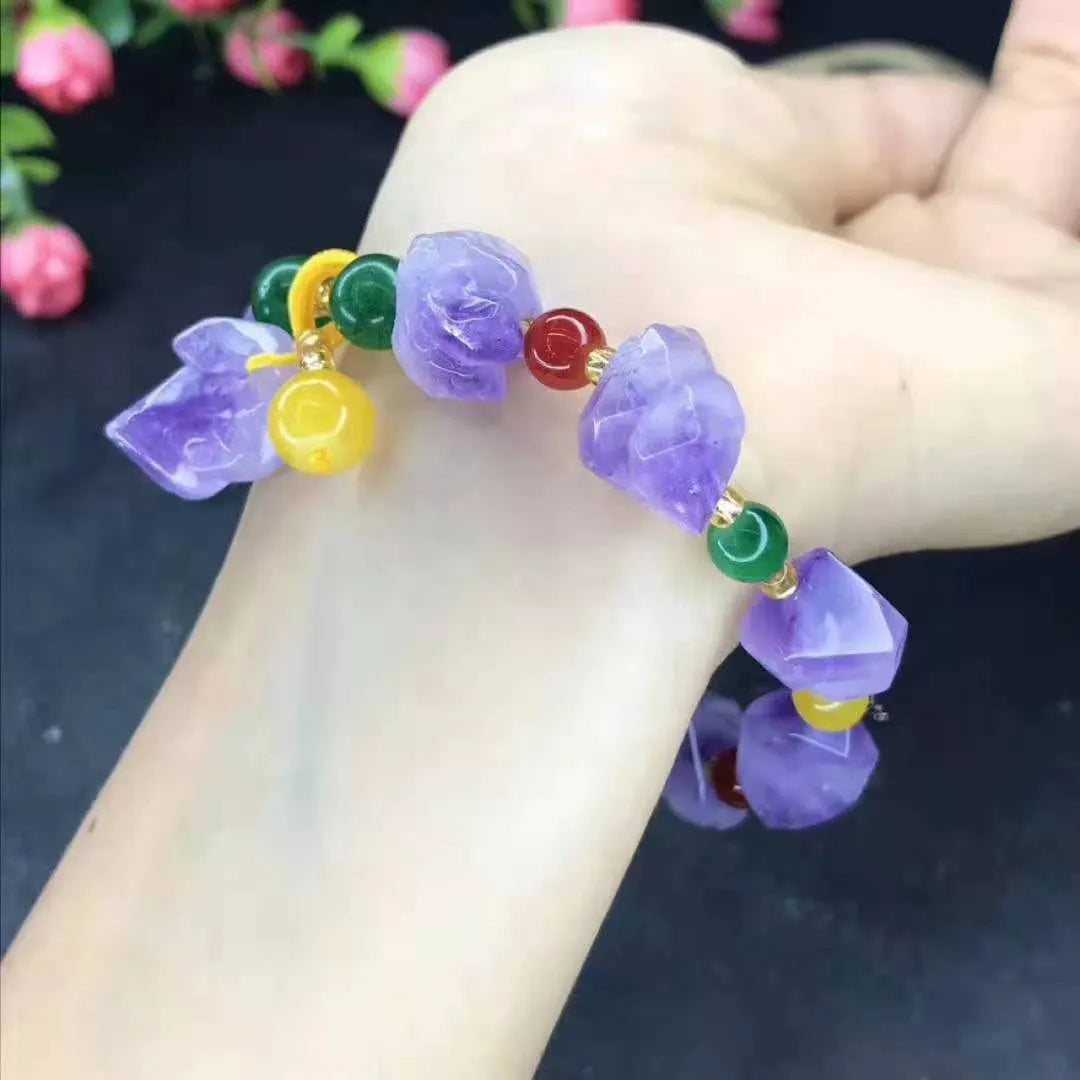 Natural shaped amethyst bracelet with fu character charm for women's jewellery