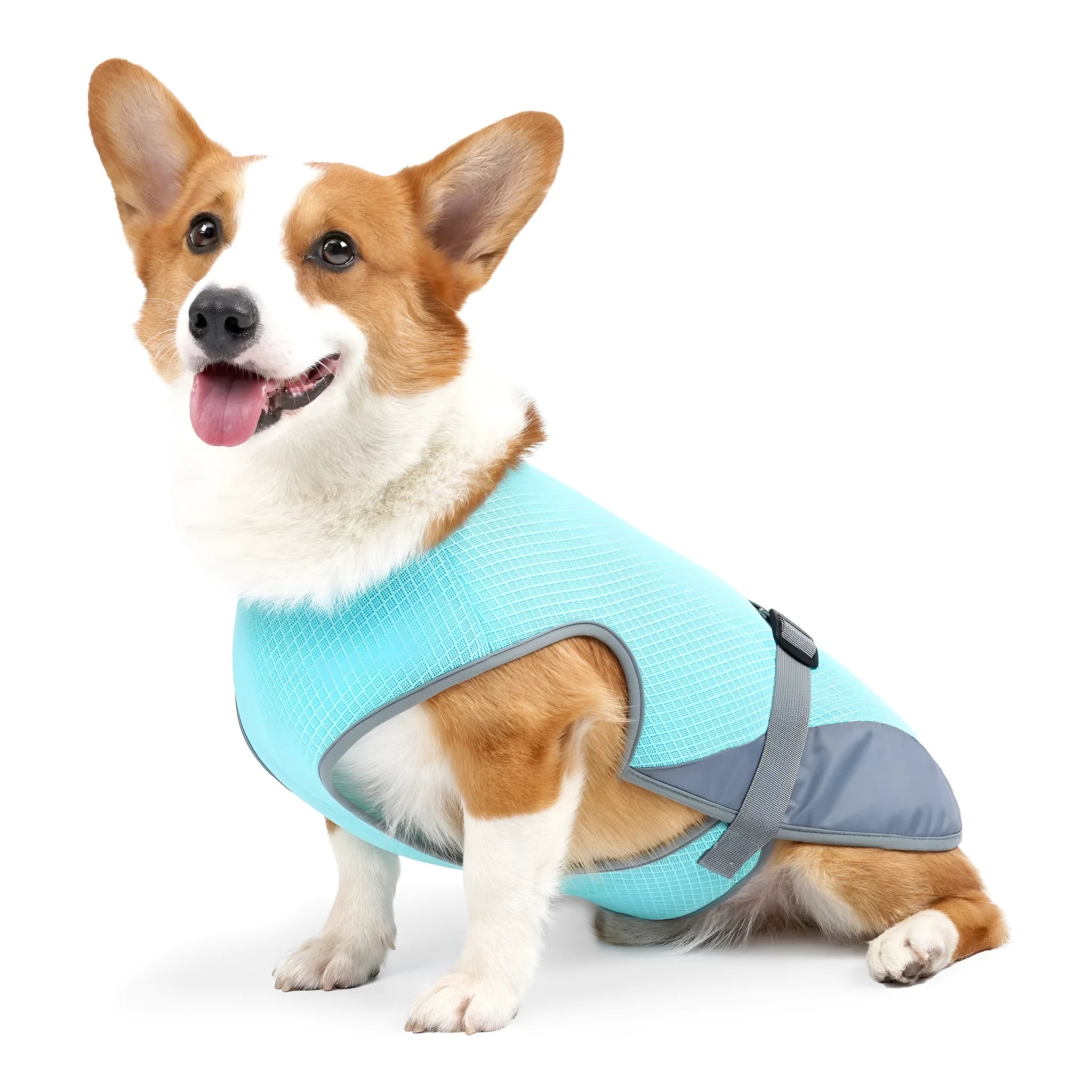 Polyester dog cooling vest in light grey colour showing breathable construction