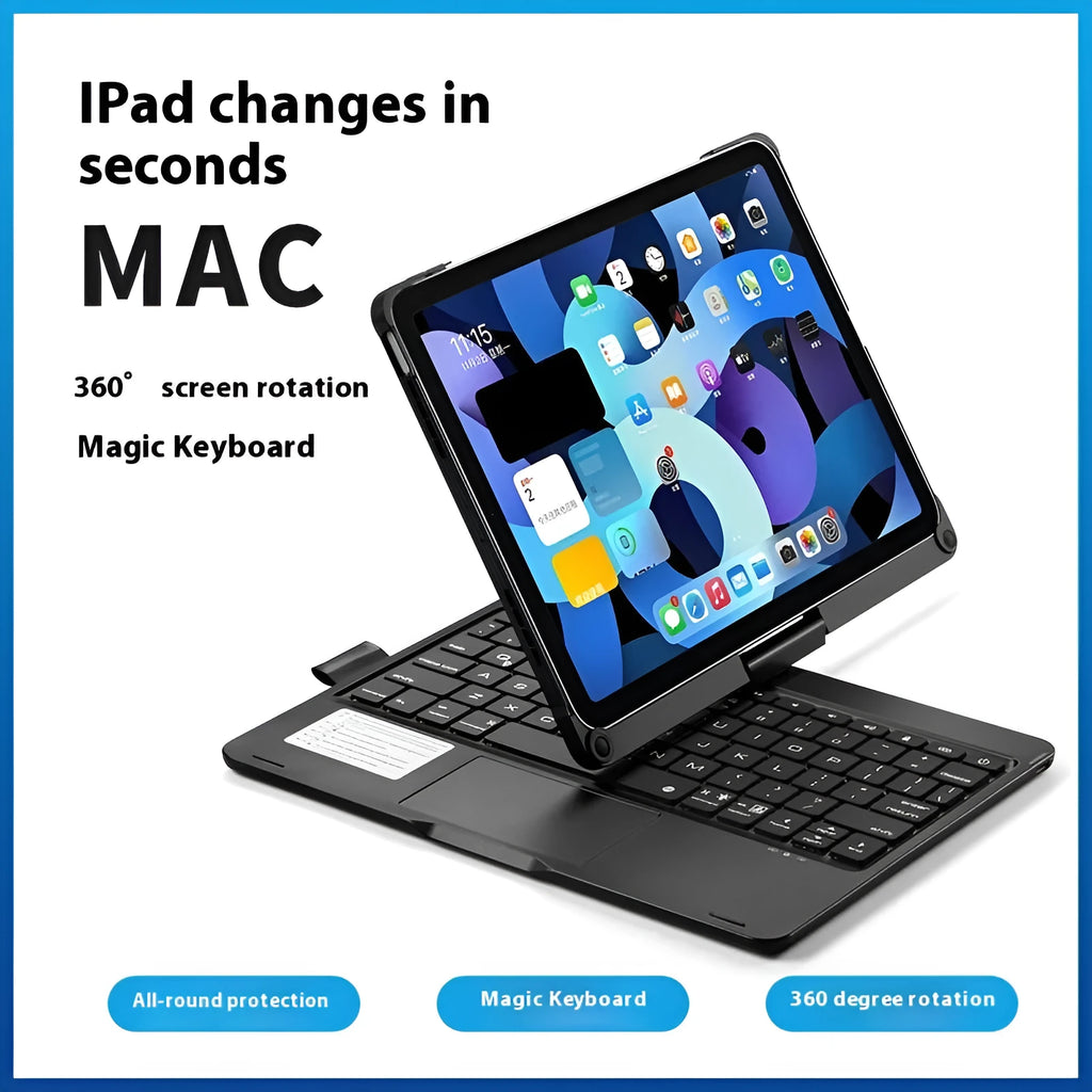 Miaocontrol silver Bluetooth keyboard with 360-degree rotating stand holding an iPad tablet.