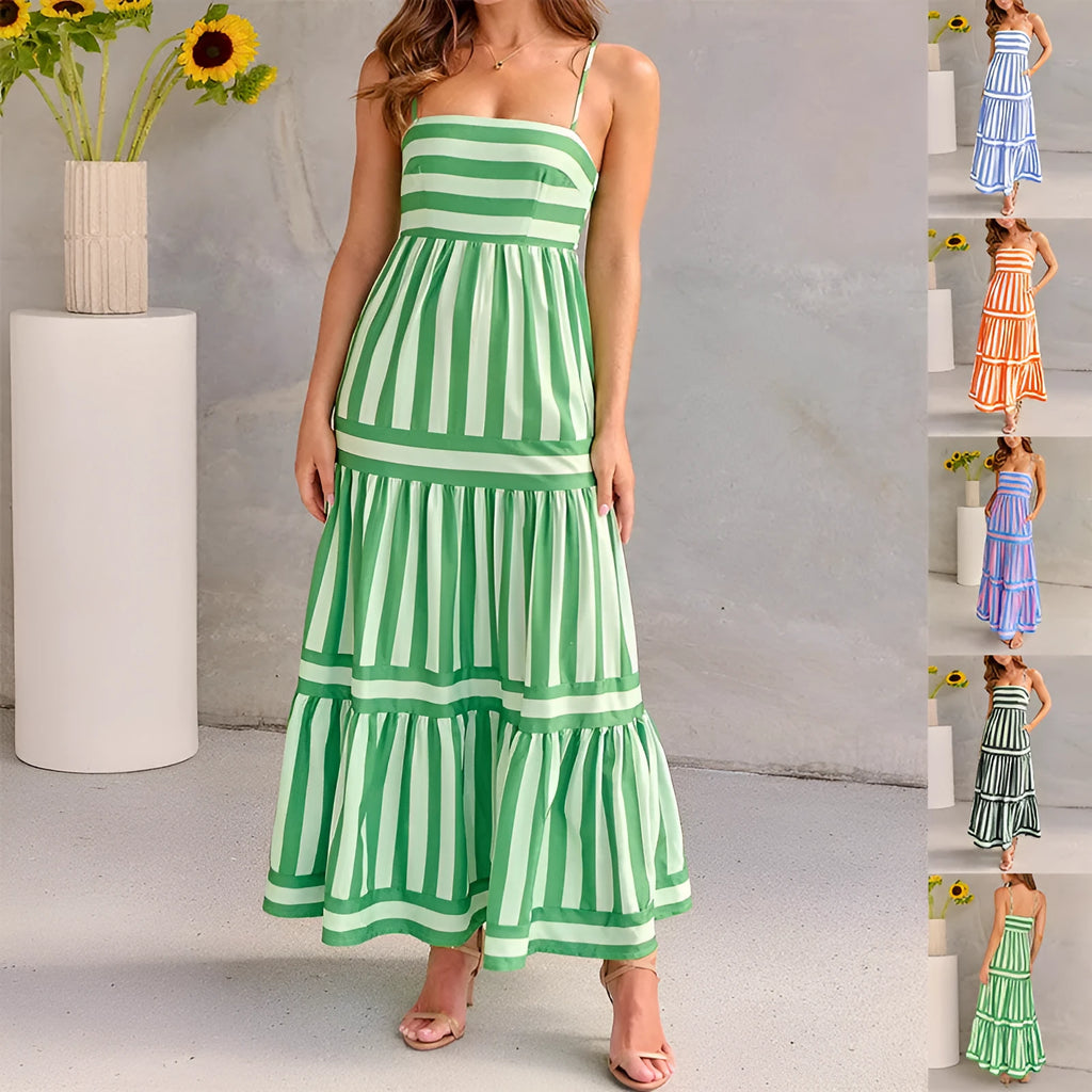 Women's long striped summer dress with suspenders, a square neckline, backless design, and side pockets.