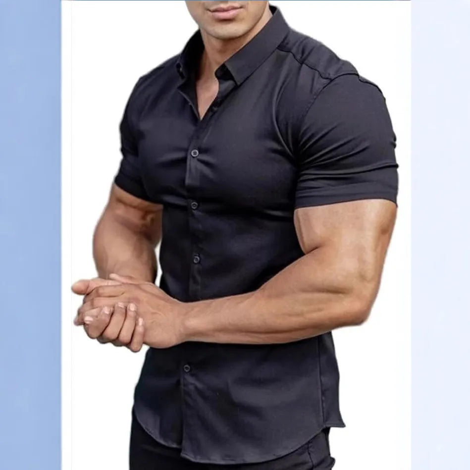 Men's casual short sleeve printed shirt with collar in cardigan style, available in multiple colours.