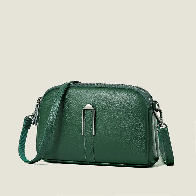 Top-grain leather crossbody bag in khaki with horizontal square shape and inner pockets