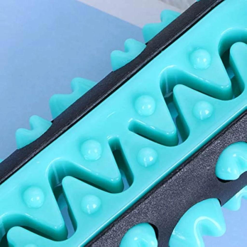 Natural rubber dog toothbrush chew toy in blue colour for dental cleaning, showing textured stick design