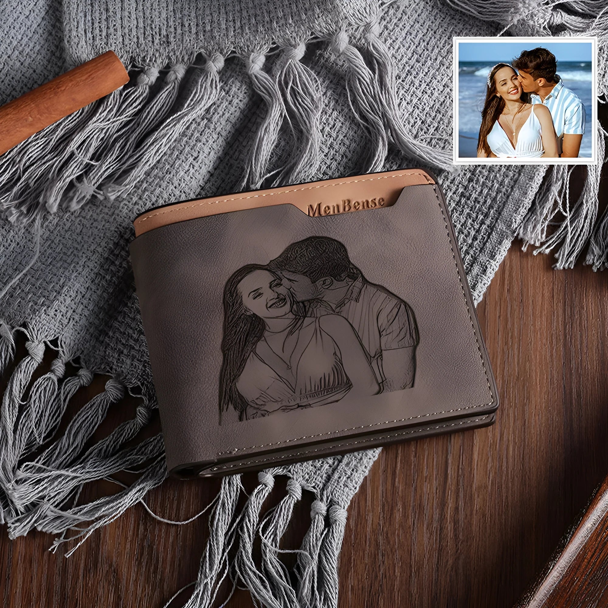 Coffee colour engraved horizontal short wallet with custom lettering on PU leather